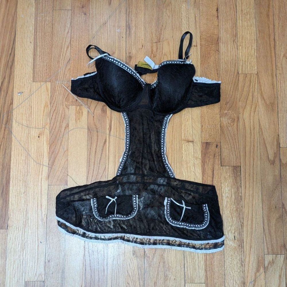 Just Sexy Lingerie French Maid Lingerie Teddy Apron Corset Top Black Lace Y2K